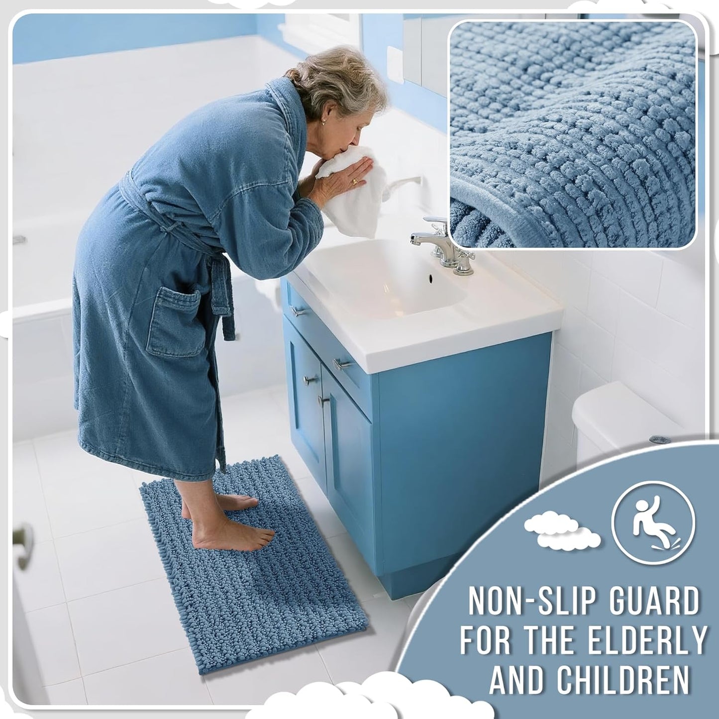 Yimobra Bathroom Rugs Sets 2 Piece - Quick Dry Extra Thick Luxury Chenille Bath Mat, Non Slip Super Absorbent for Tub Shower Sink, Machine Washable Shaggy Floor Mat, 24"x17+24"x20" Inch, Denim Blue