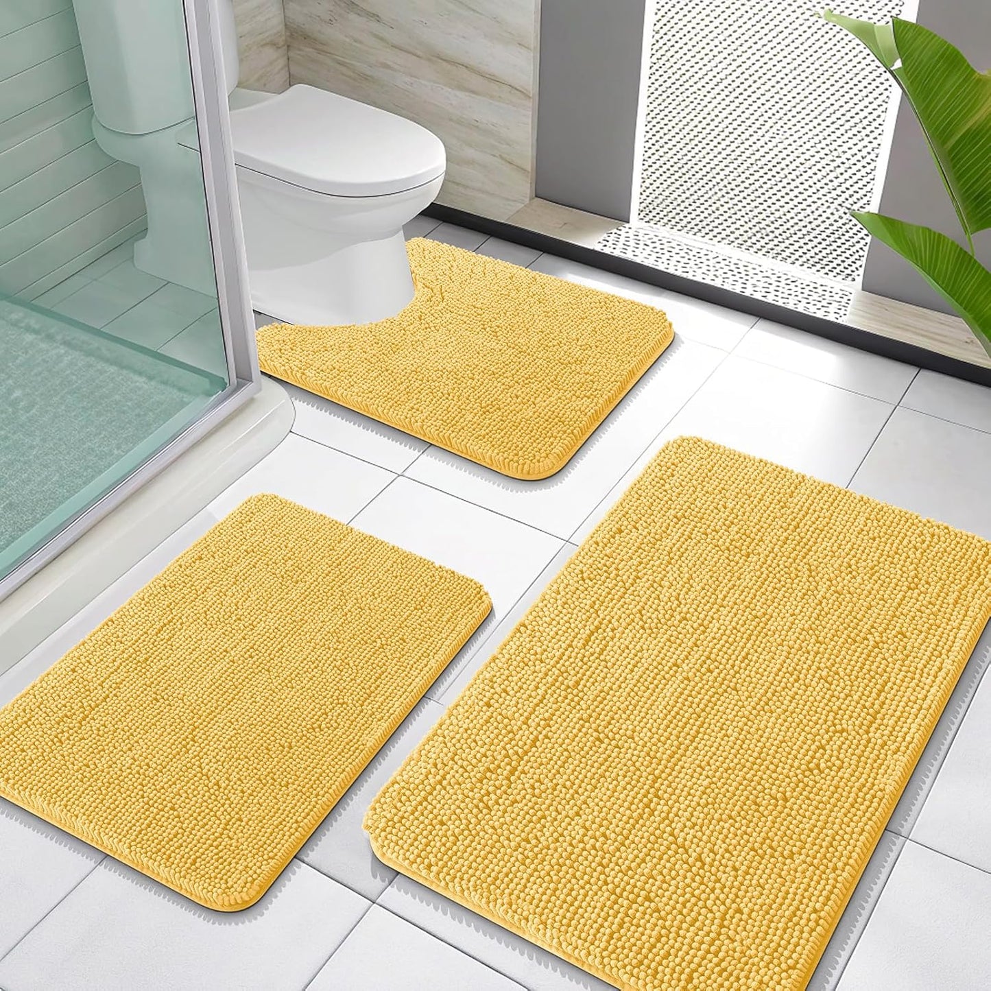 OLANLY Bathroom Rugs Sets 3 Piece, Soft Absorbent Chenille Bath Mats and U-Shaped Contour Toilet Rug, Quick Dry, Home Decor Accessories, Bath Mat Set for Bathroom (30"x20"+24"x16"+24"x20", Yellow)