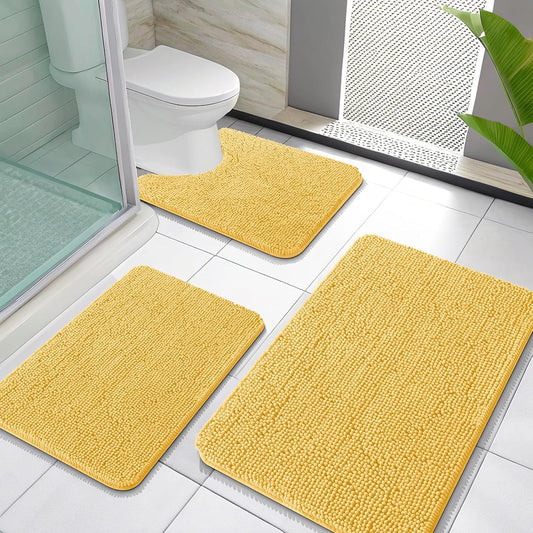 OLANLY Bathroom Rugs Sets 3 Piece, Soft Absorbent Chenille Bath Mats and U-Shaped Contour Toilet Rug, Quick Dry, Home Decor Accessories, Bath Mat Set for Bathroom (30"x20"+24"x16"+24"x20", Yellow)