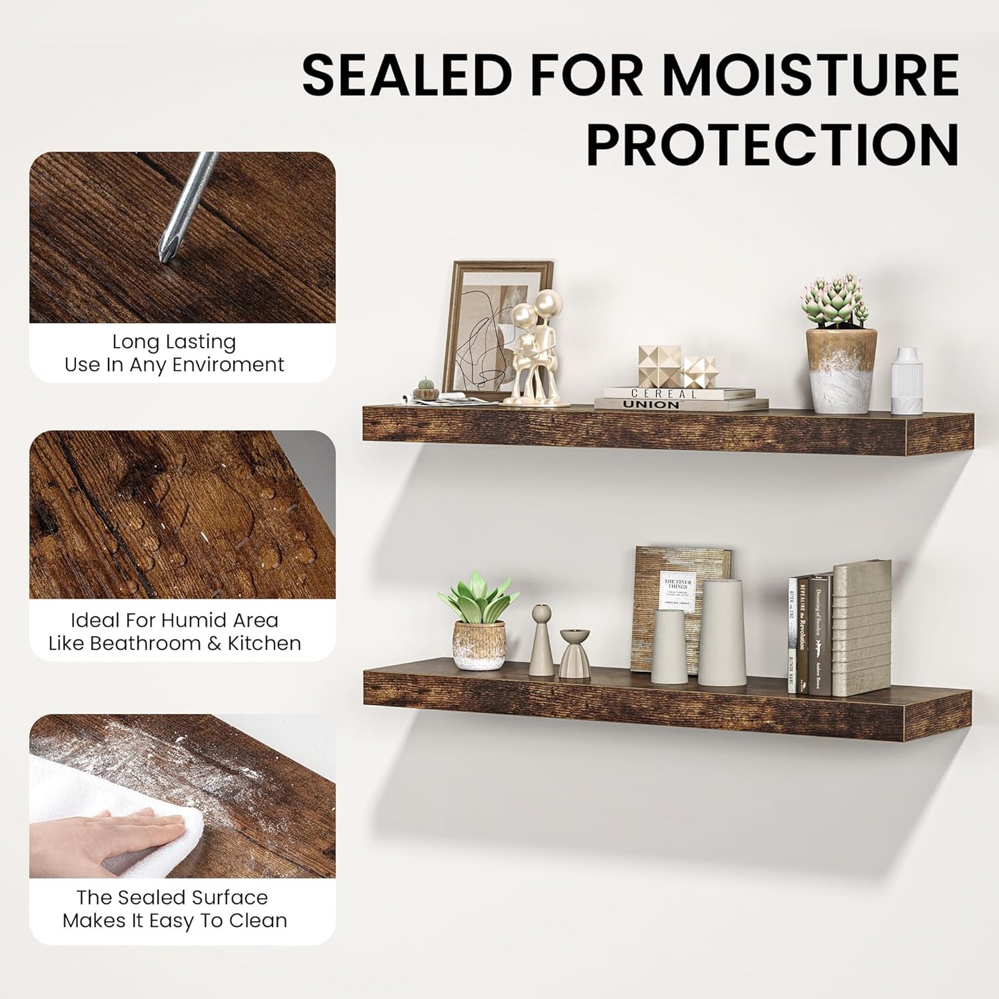 Floating Shelves for Wall, 40"W x 8"D x 1.5"H, Wooden Wall Mounted Display Shelves with Invisible Brackets for Living Room, Bedroom, Bathroom, Kitchen Decor and Storage, Set of 2, Rustic Brown