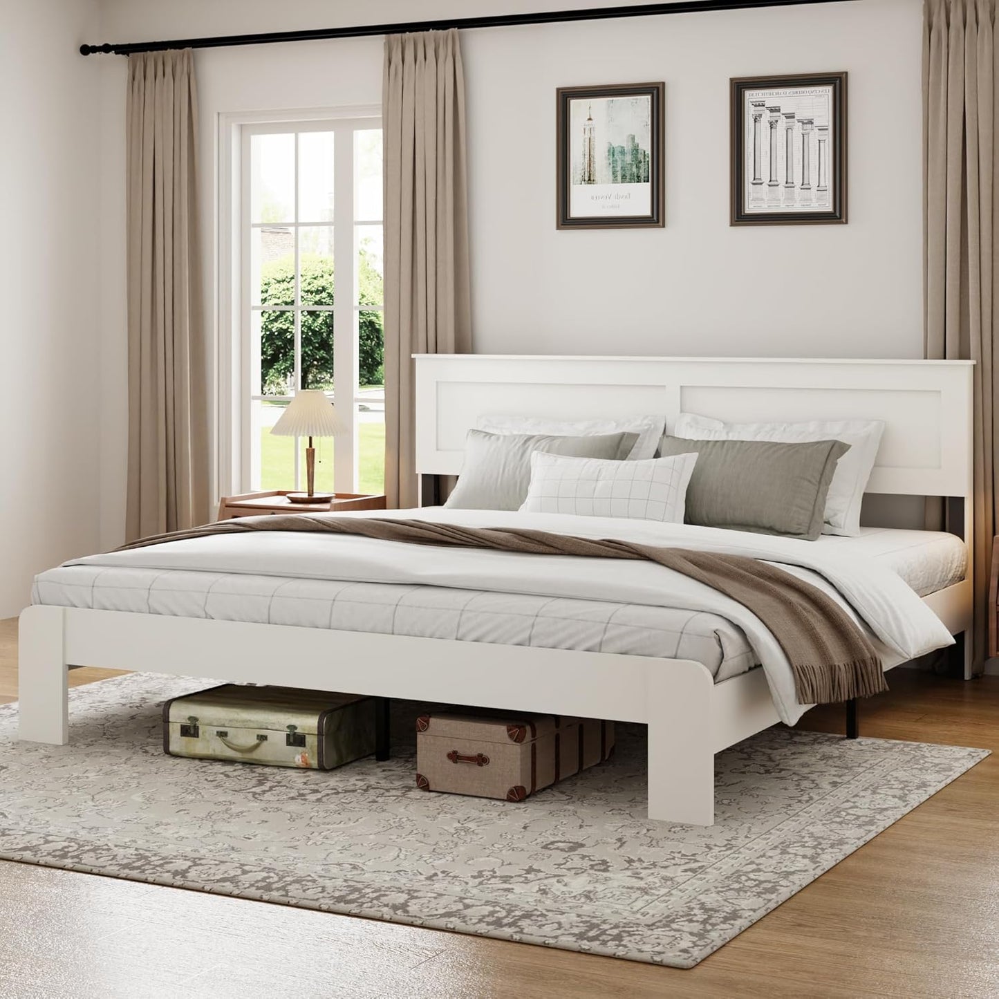 Wood Platform Bed Frame, King Bed Frame with Headboard and Wood Slat Support, Noise-Free,Easy Assembly, No Box Spring Needed, White