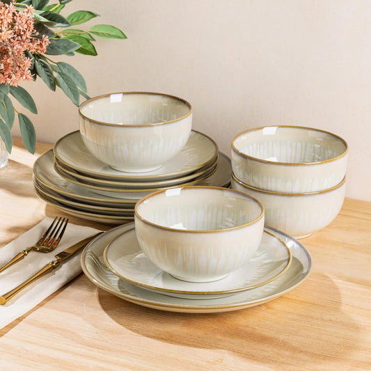 LERATIO Ceramic Dinnerware Sets for 4,Porcelain Plates and Bowls Sets,Handmade Reactive Glaze Dishes Set,Chip Resistant and Scratch Resistant | Oven&Dishwasher & Microwave Safe,Service for 4