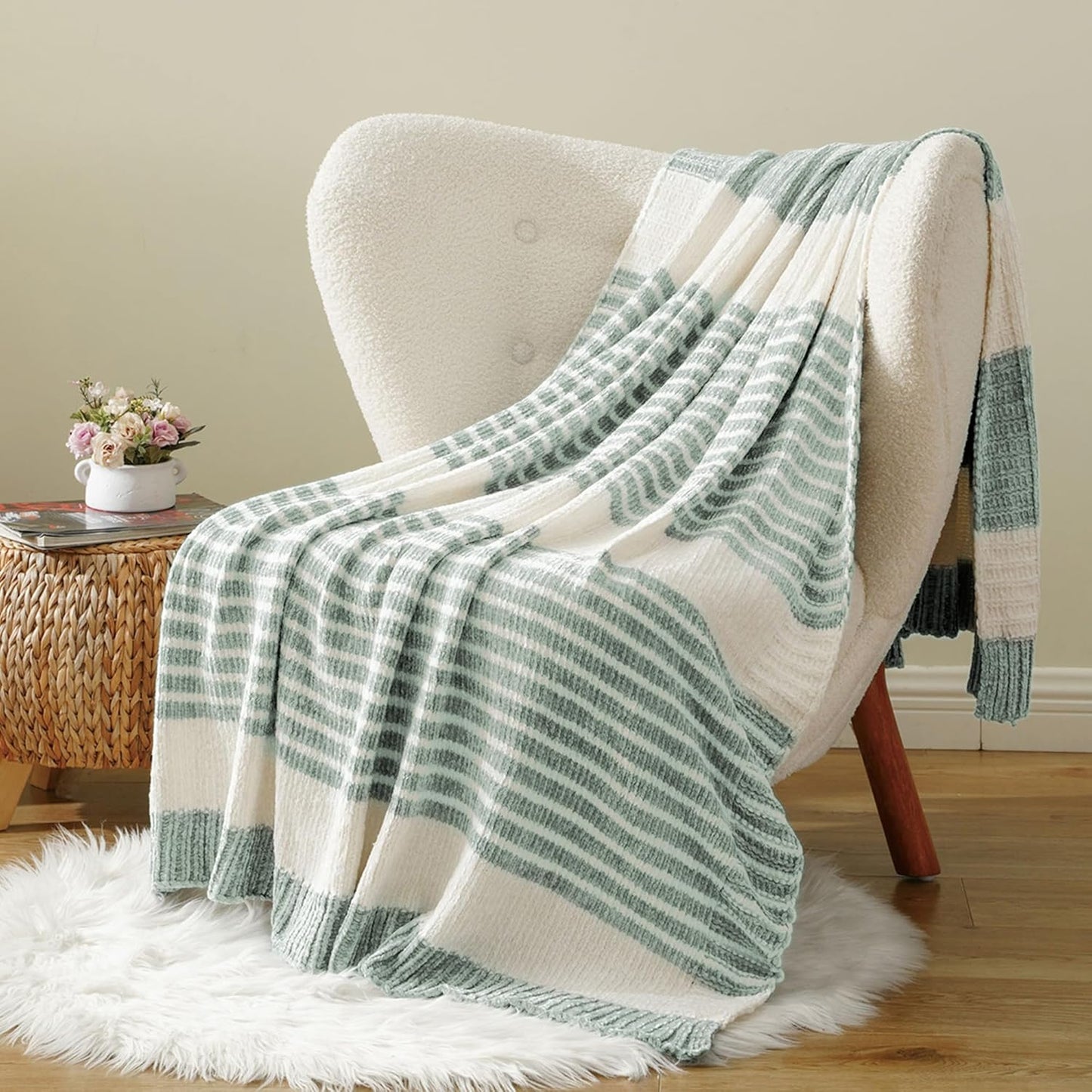 BATTILO HOME Sage Green Throw Blanket for Couch, Farmhouse Chenille Knitted Blanket for Home Decor, Light Green Striped Spring Summer Throw Blanket, 51"x67"