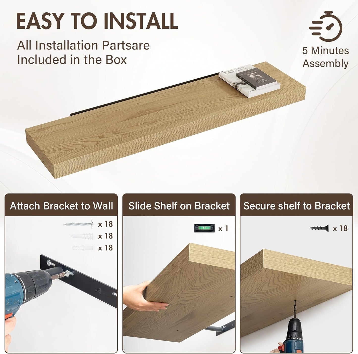 48 Inch Floating Shelves, 12" Deep Floating Shelf Wall Mounted, 48" Wall Shelves, Rustic Deep Bookshelf, Extra Deeper & Thicker Display Shelves for Bedroom, Living Room, Oak, Set of 2