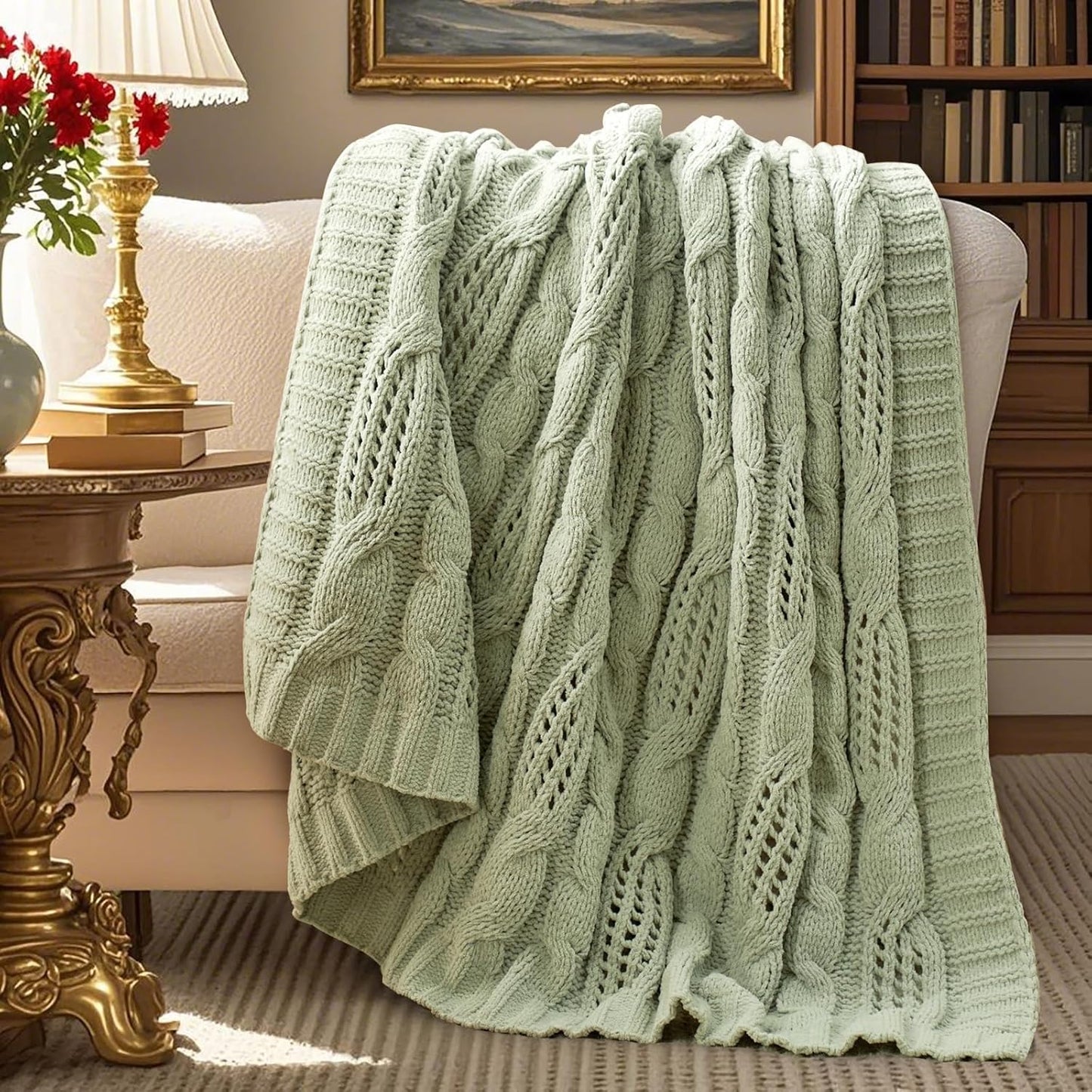 Amélie Home Chunky Knit Chenille Throw Blanket, Dual-Sided Soft Chenille Breathable Cable Knitted Blanket for Couch, Farmhouse Decorative Throw for Sofa & Chair, 60"x80", Sage Green