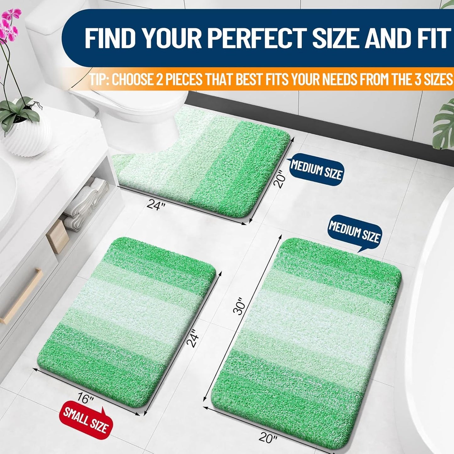 OLANLY Bathroom Rug Set 2 Piece, Soft Absorbent Microfiber Bath Mats and U-Shaped Contour Toilet Rug, Non-Slip, Machine Wash Dry, Plush Shaggy Bath Mats for Bathroom (24"x16"+24"x20", Green)