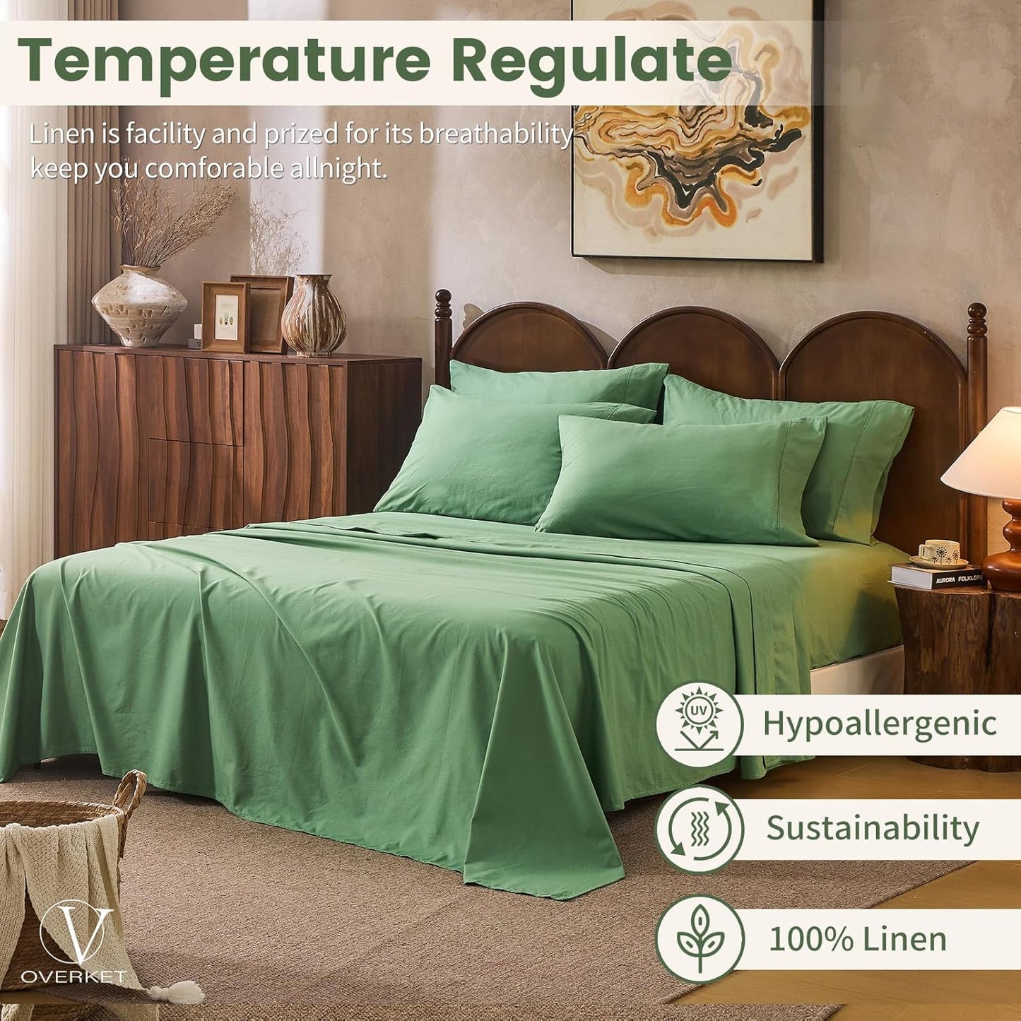 100% Linen Sheets California King Size,Breathable & Durable 4-Piece Bed Flax Sheet Set,Soft All-Season Bedding for Hot Sleepers 16" Deep Pocket Oeko-TEX Certified,（Cal King, Sage Green）