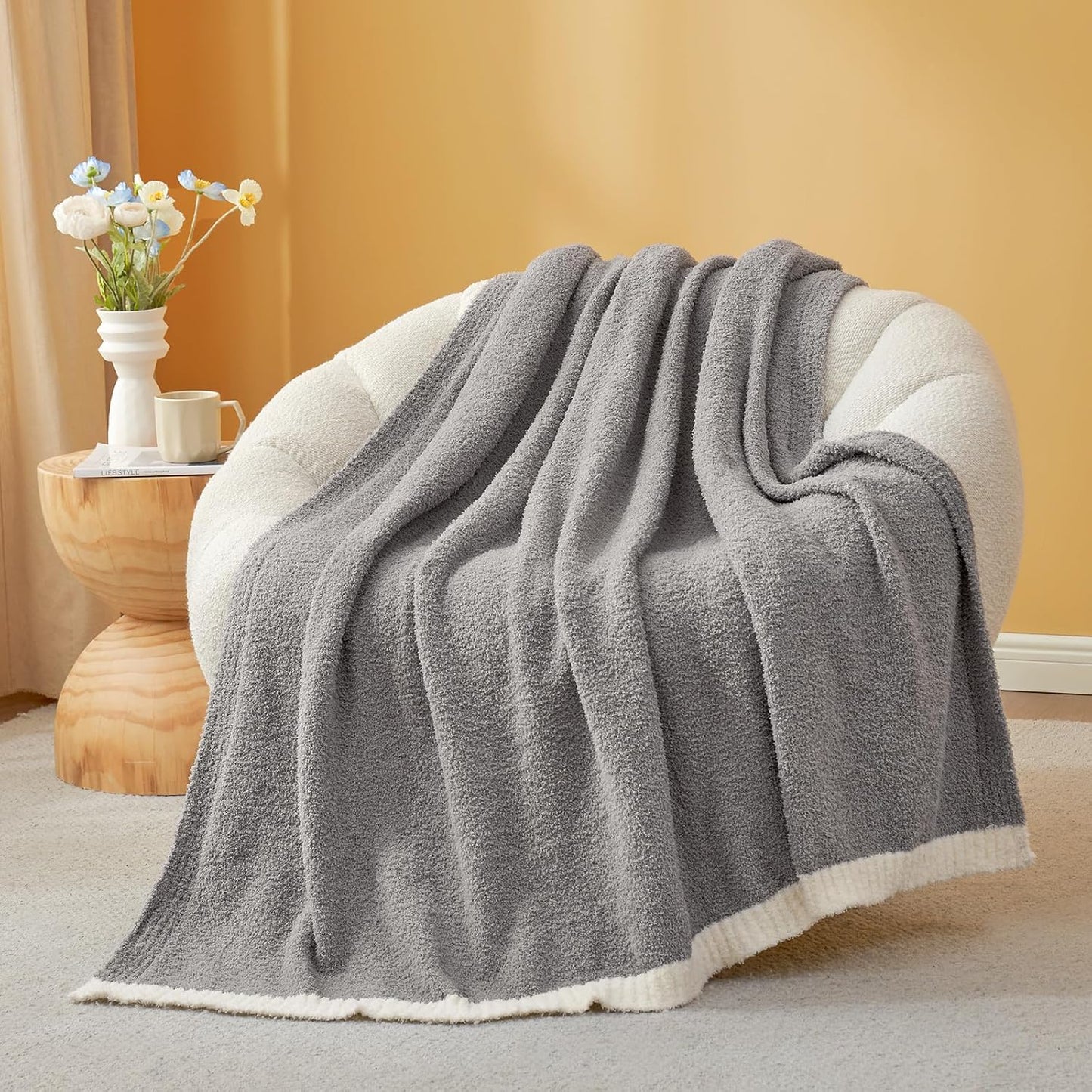 Snuggle Sac Ultra Soft Throw Blanket for Couch Bed Sofa 50x60 inches, Reversible Grey Blanket Microfiber Fluffy Fuzzy Cozy Knit Throws for Women Mothers Birthday Gifts