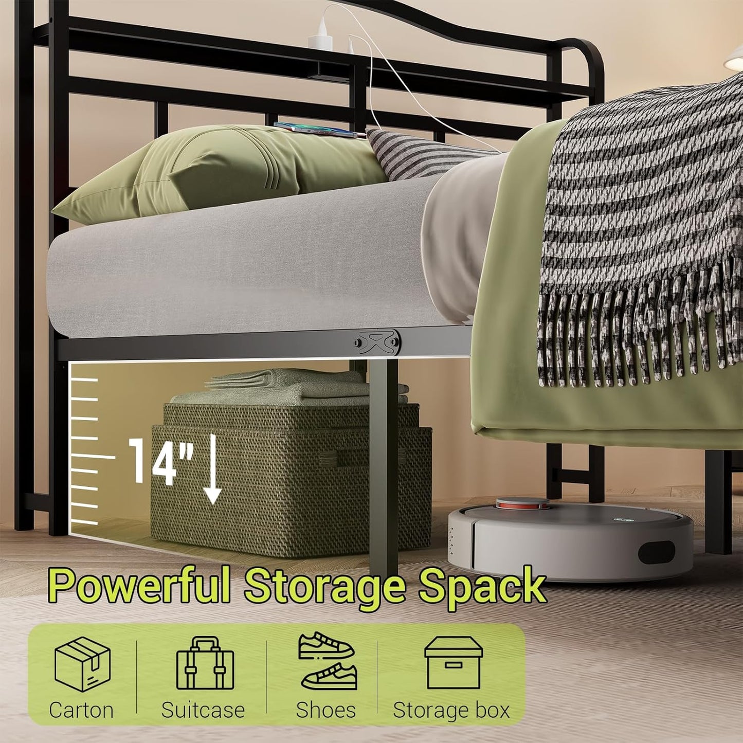 UOMEUR Metal Bed Frame with Headboard and USB & Type C Charging Station, Heavy Duty Metal Bed Frame No Box Spring Needed with Ample Storage Space - Easy Assembly and Noise Free(Black, Full)