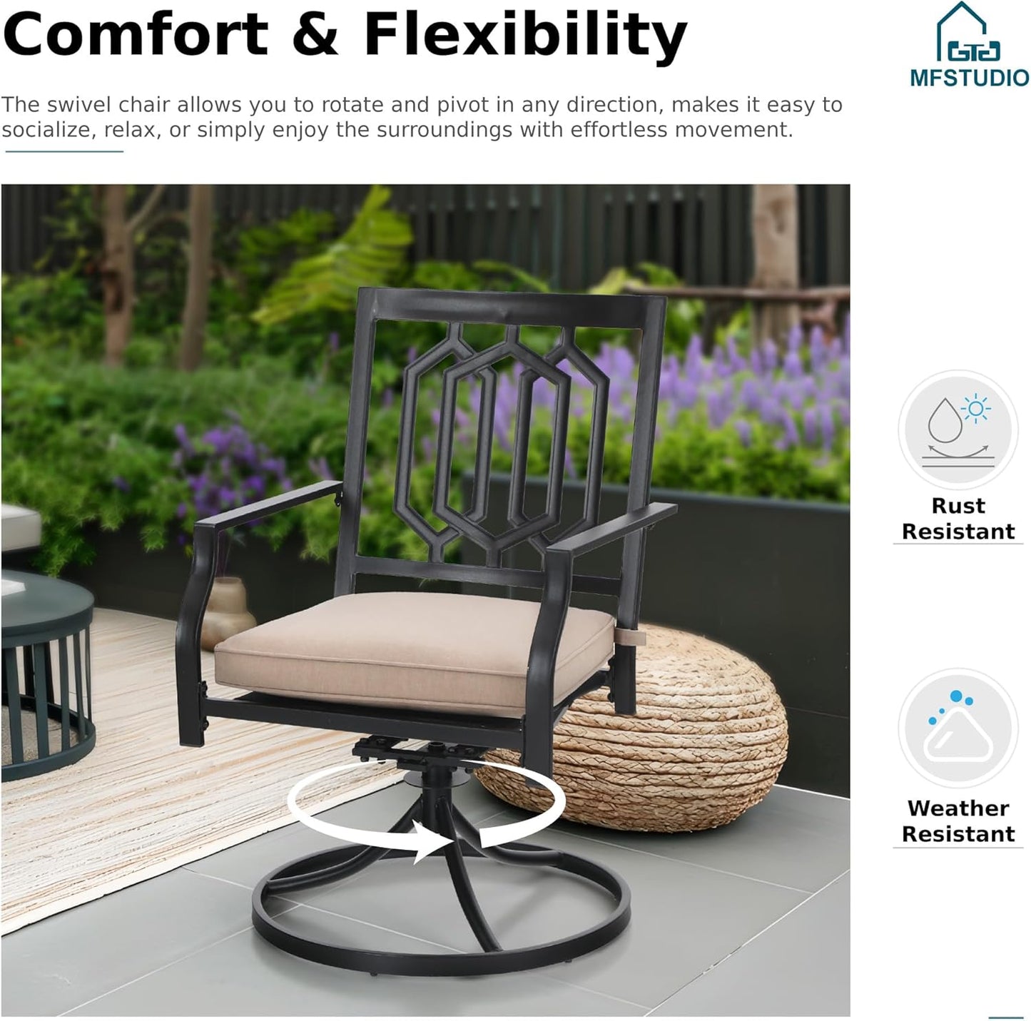 MFSTUDIO Outdoor Dining Set for 6, Patio Dining Sets with Swivel Chairs, Expandable Metal Patio Table and Chairs Set for Deck Backyard Poolside Garden