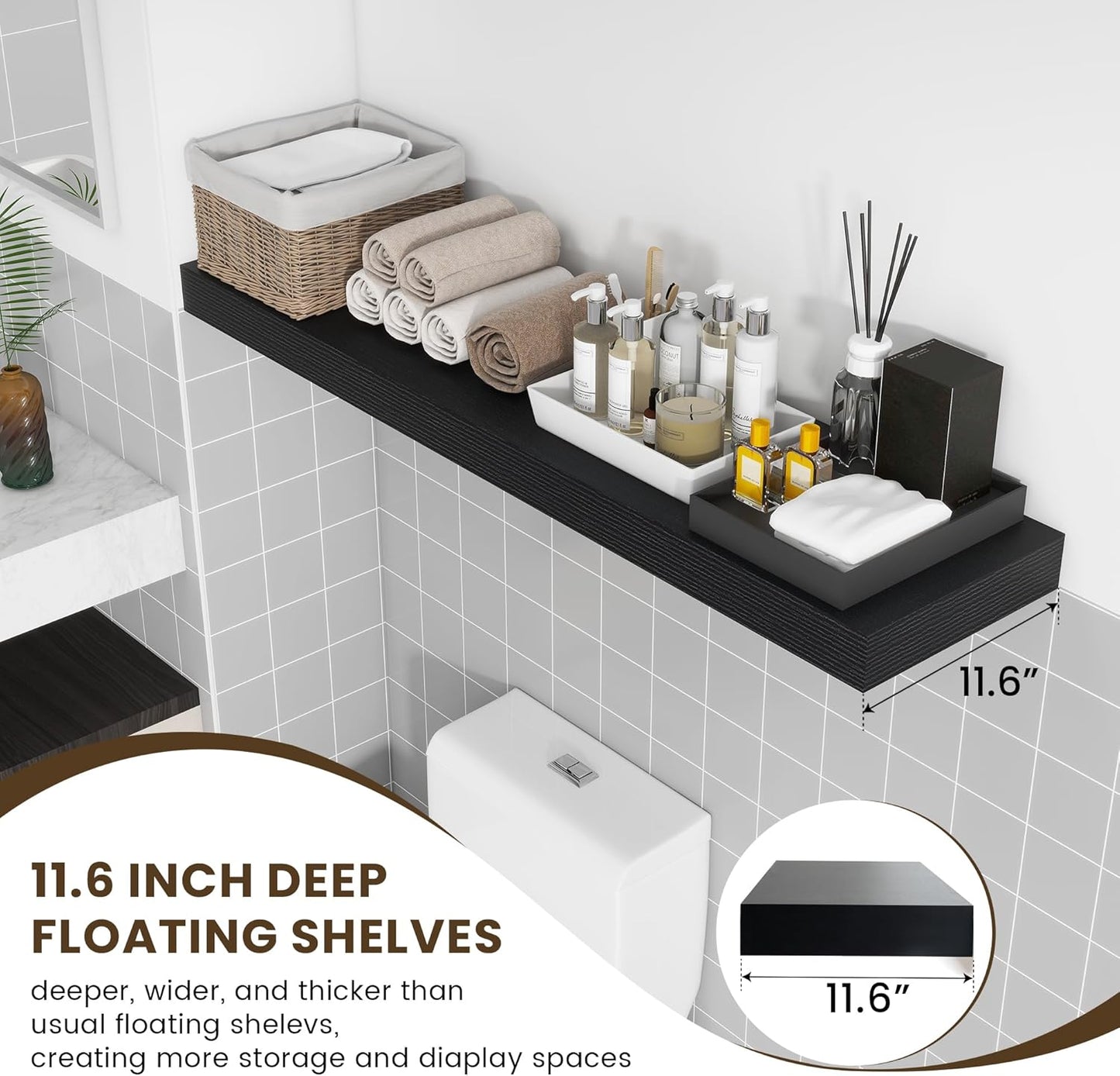 12 Inch Deep Floating Shelves for Wall - 48 Inch Wide x 12 Inch Deep Black Floating Shelves Set of 1 - Rustic Wood Wall Shelves for Living Room Bathroom Laundry Room Kitchen Home Office