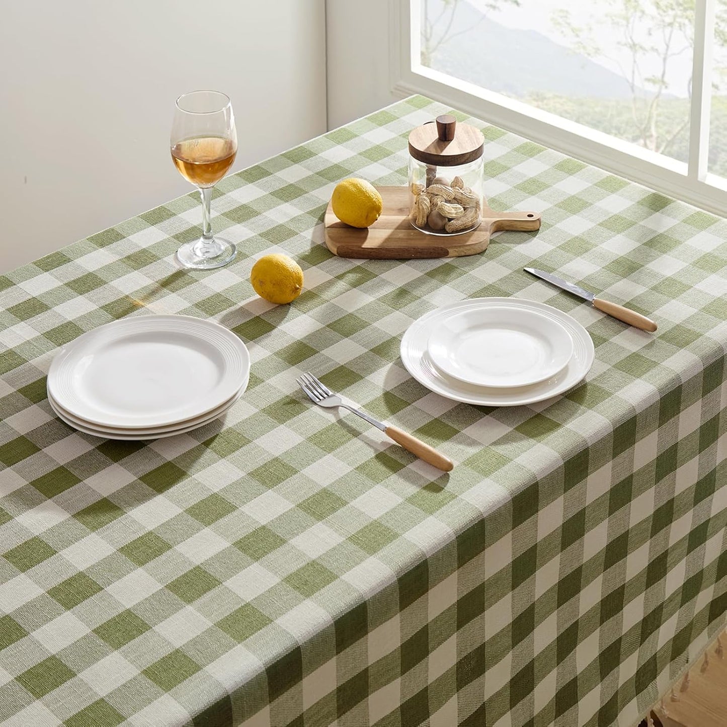 Softalker Checkered Tablecloth Rectangle, Heavy Weight Linen Gingham Christmas Table Cloth with Tassel, Washable Wrinkle Free Buffalo Plaid Table Cover for Dining/Party/Home - 55 x 70 Inch, Sage