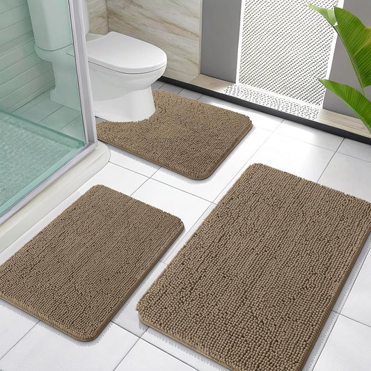 OLANLY Bathroom Rugs Sets 3 Piece, Soft Absorbent Chenille Bath Mats and U-Shaped Contour Toilet Rug, Quick Dry, Home Decor Accessories, Bath Mat Set for Bathroom (30"x20"+24"x16"+24"x20", Tan)