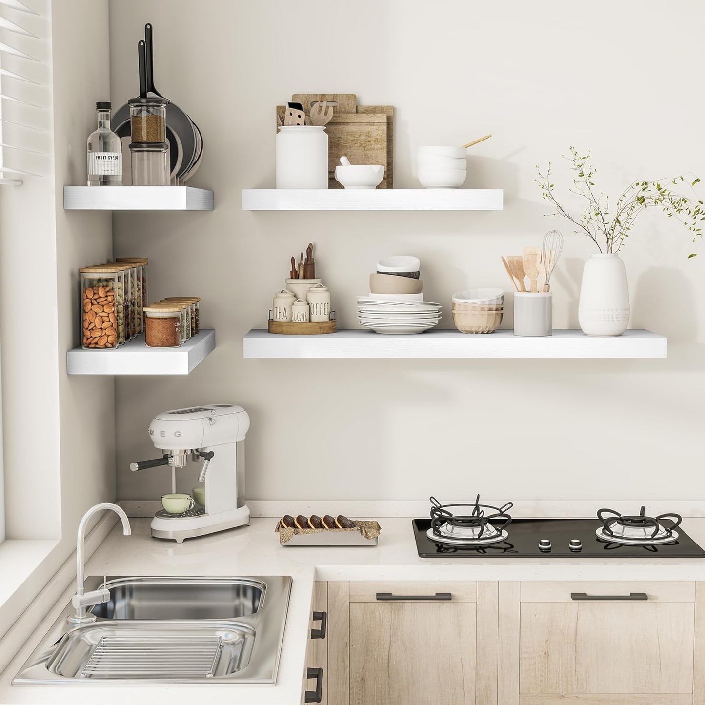 Vivelove White Floating Shelves for Wall, 55 Inch X 12 Deep Shelves for Room Wall Mounted，2" Thick Heavy Duty Holds 85lbs Floating Shelf for Bedroom Bathroom Kitchen Laundry Room, Set of 2