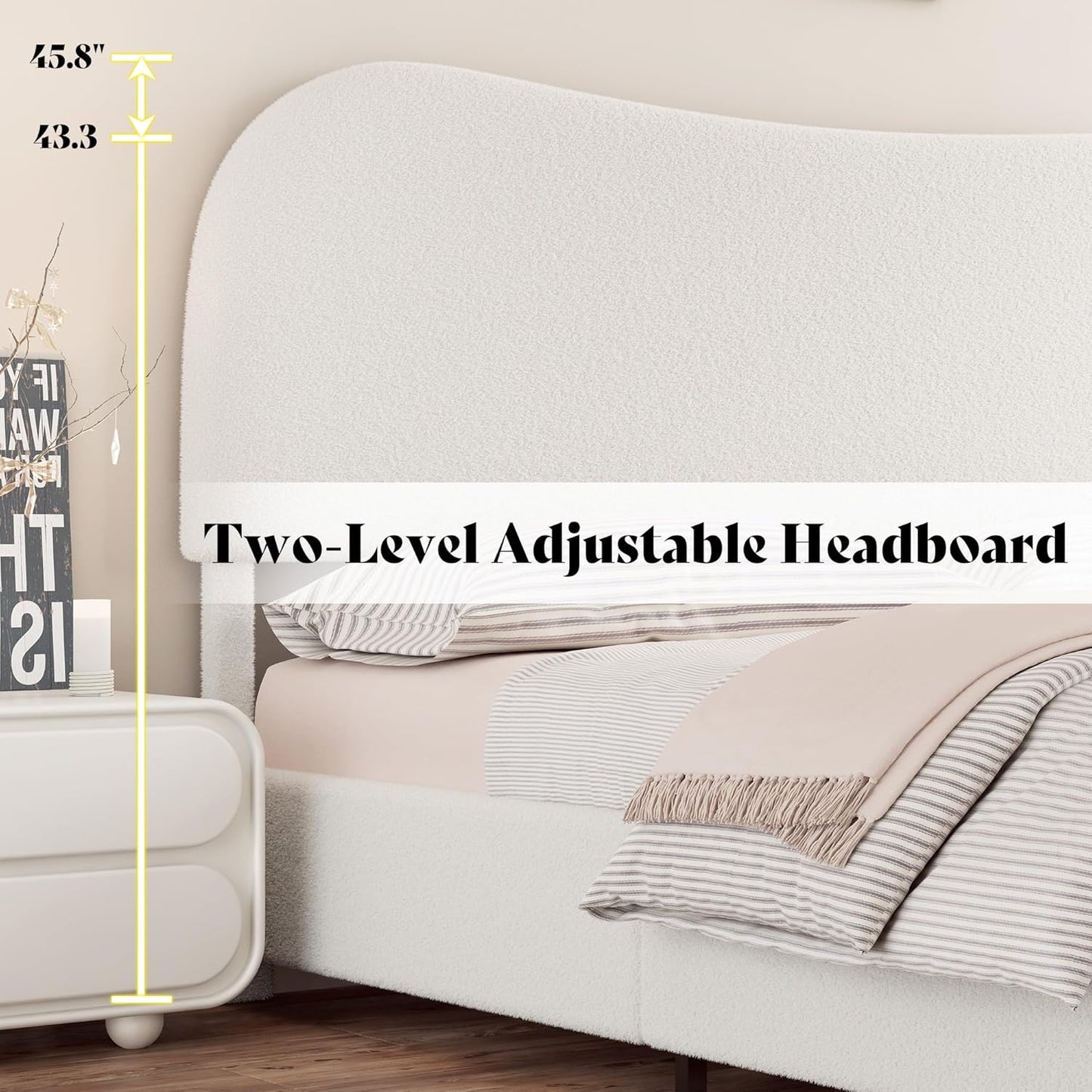 AMERLIFE Full Size Upholstered Boucle Bed Frame, Soft Cloud Platform Bed with Adjustable Headboard, Modern Design, Rounded Corners, Rubberwood Legs, No Box Spring Needed, Easy Assembly, Cream