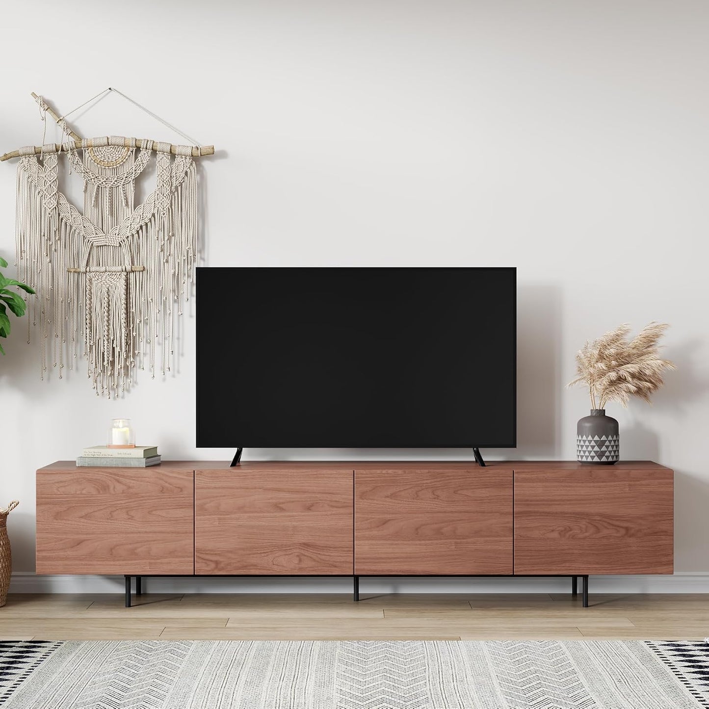 Mid Century Modern TV Stand - 86.6" Walnut Entertainment & Media Console for 65-100 Inches TV, 4 Cabinet Doors with 6 Storage Compartments, Cable Management, Stylish Living Room Center (Walnut, 86.6")