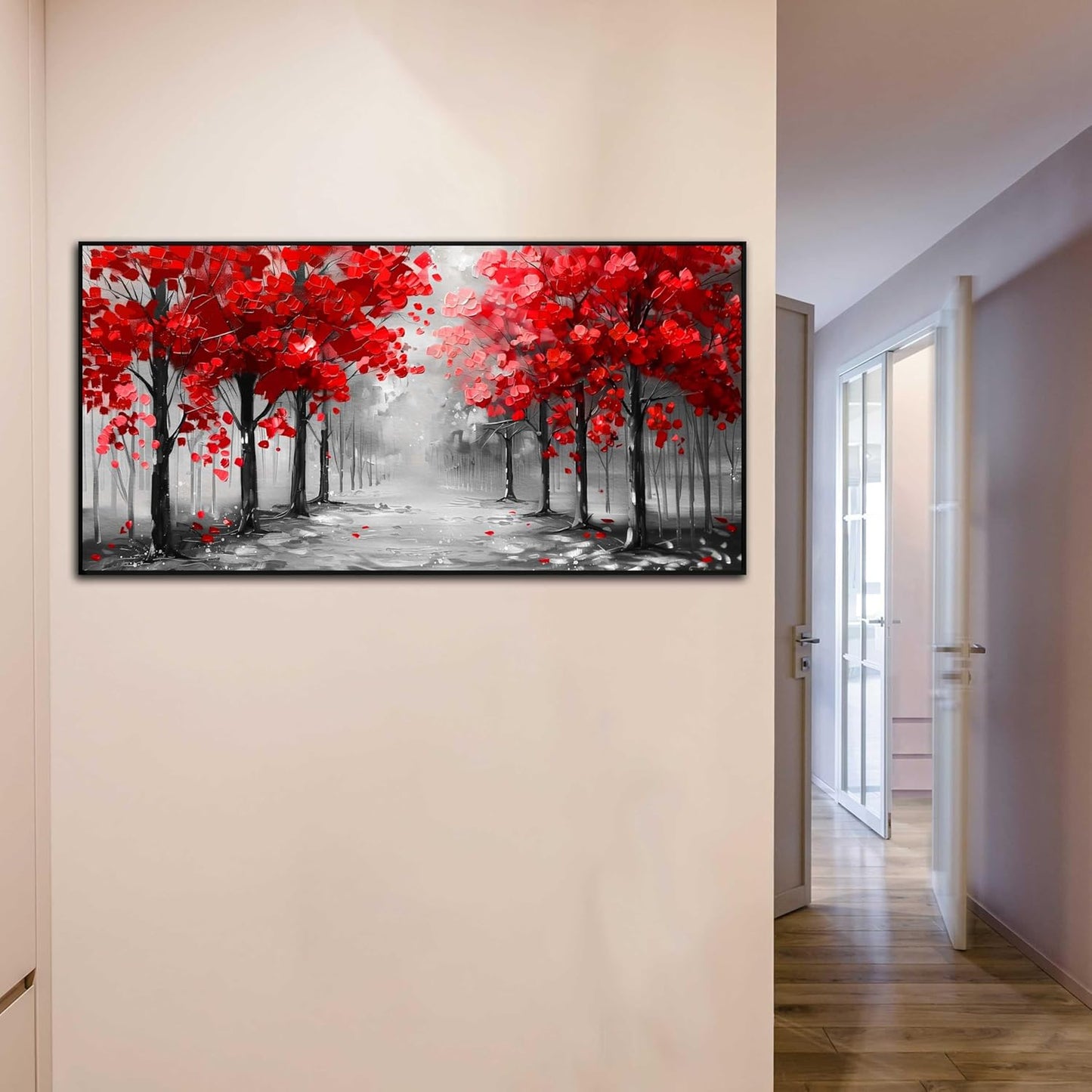 Tree Wall Art for Living Room, Black White and Red Forest Canvas Wall-Decor for Bedroom, Large Size 29x59 Inches Framed