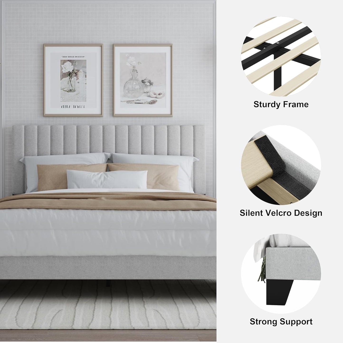 Twin Size Bed Frame with Adjustable Tufted Headboard – Linen Upholstered Platform Bed, Sturdy Frame & Slats, No Box Spring Needed, Noise-Free, Easy Assembly (Gray, Twin)