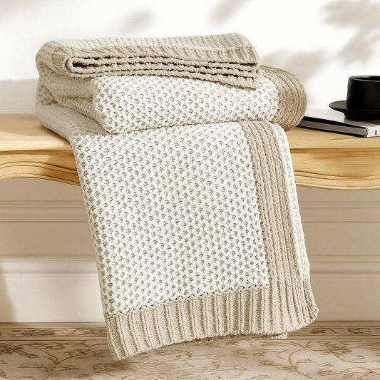 Amélie Home Honeycomb Knit Throw Blanket for Couch, Dual-Sided Soft Chenille Decorative Blankets for Sofa & Chair, 50"x60", Khaki & White