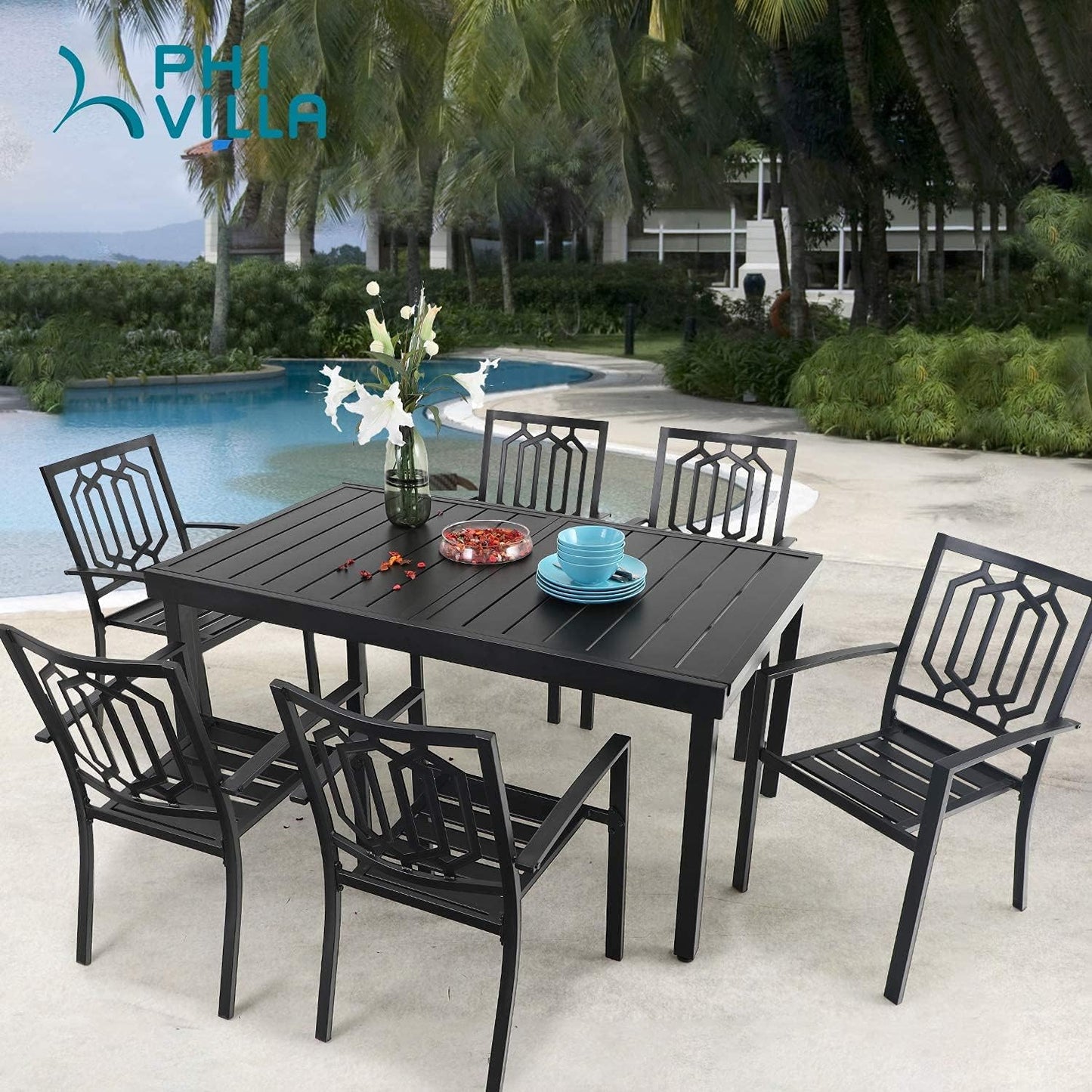 PHI VILLA 7 Piece Patio Dining Table Set, Expandable Rectangular Metal Dining Table & 6 Steel Patio Chairs for Outdoor, Deck, Yard