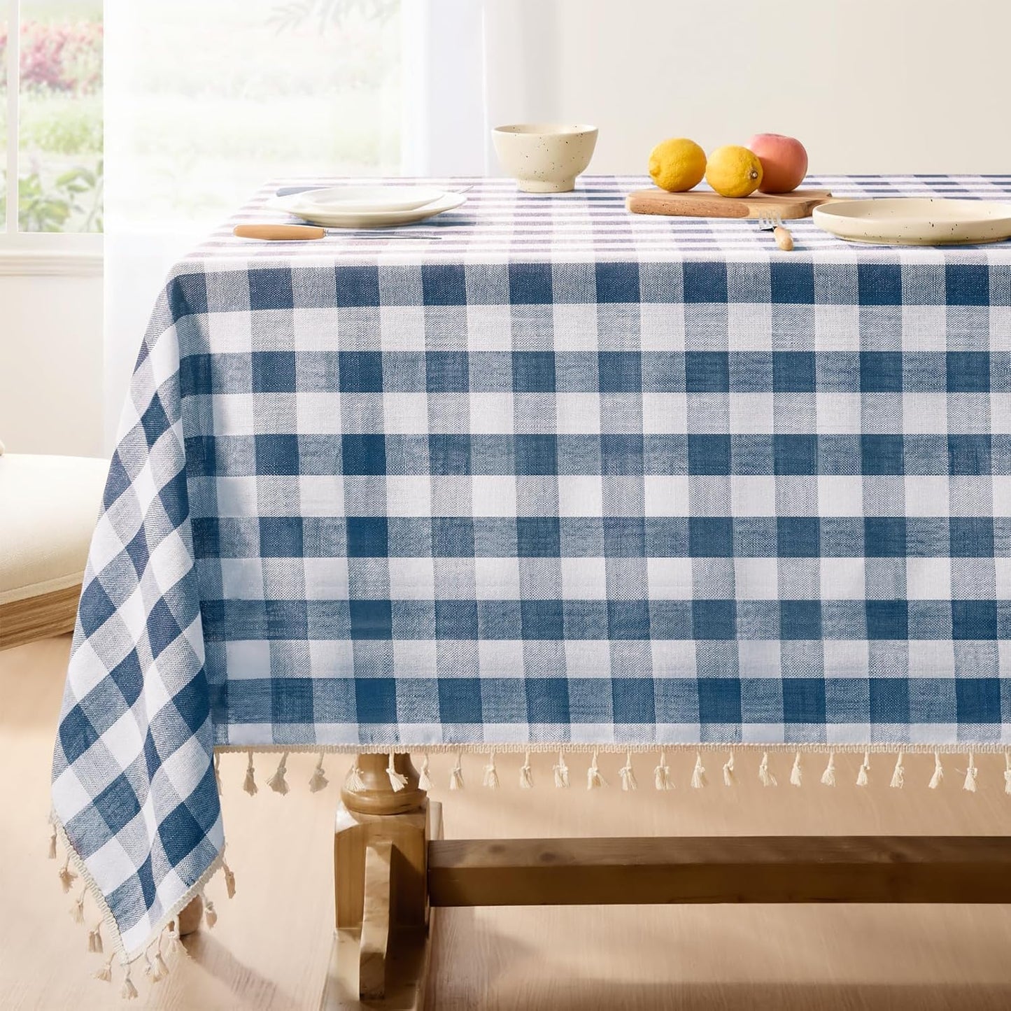Softalker Checkered Tablecloth Rectangle, Heavy Weight Linen Gingham Boho Table Cloth with Tassel, Washable Wrinkle Free Buffalo Plaid Table Cover for Dining/Party/Outdoor - 55 x 102 Inch, Navy