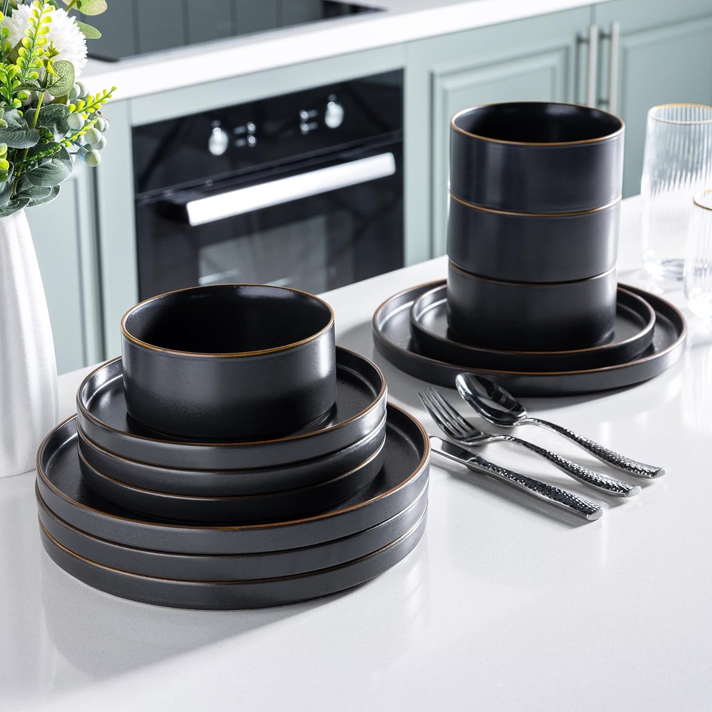 LERATIO Ceramic Dinnerware Sets for 4,Matte Stoneware Plates and Bowls Set, Chip and Crack Resistant | Oven & Dishwasher & Microwave Safe Dishes Set, Service for 4-Ashen Gold Rim