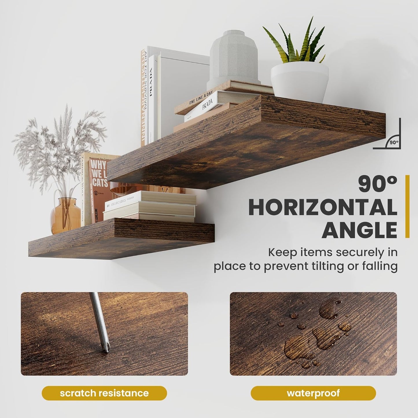 30 Inch Floating Shelves, 9.3" Deep Floating Shelf Wall Mounted, 30" Wall Shelves, Rustic Deep Bookshelf, Large Display Shelves & Storage Shelves for Bedroom, Living Room, Brown, Set of 2