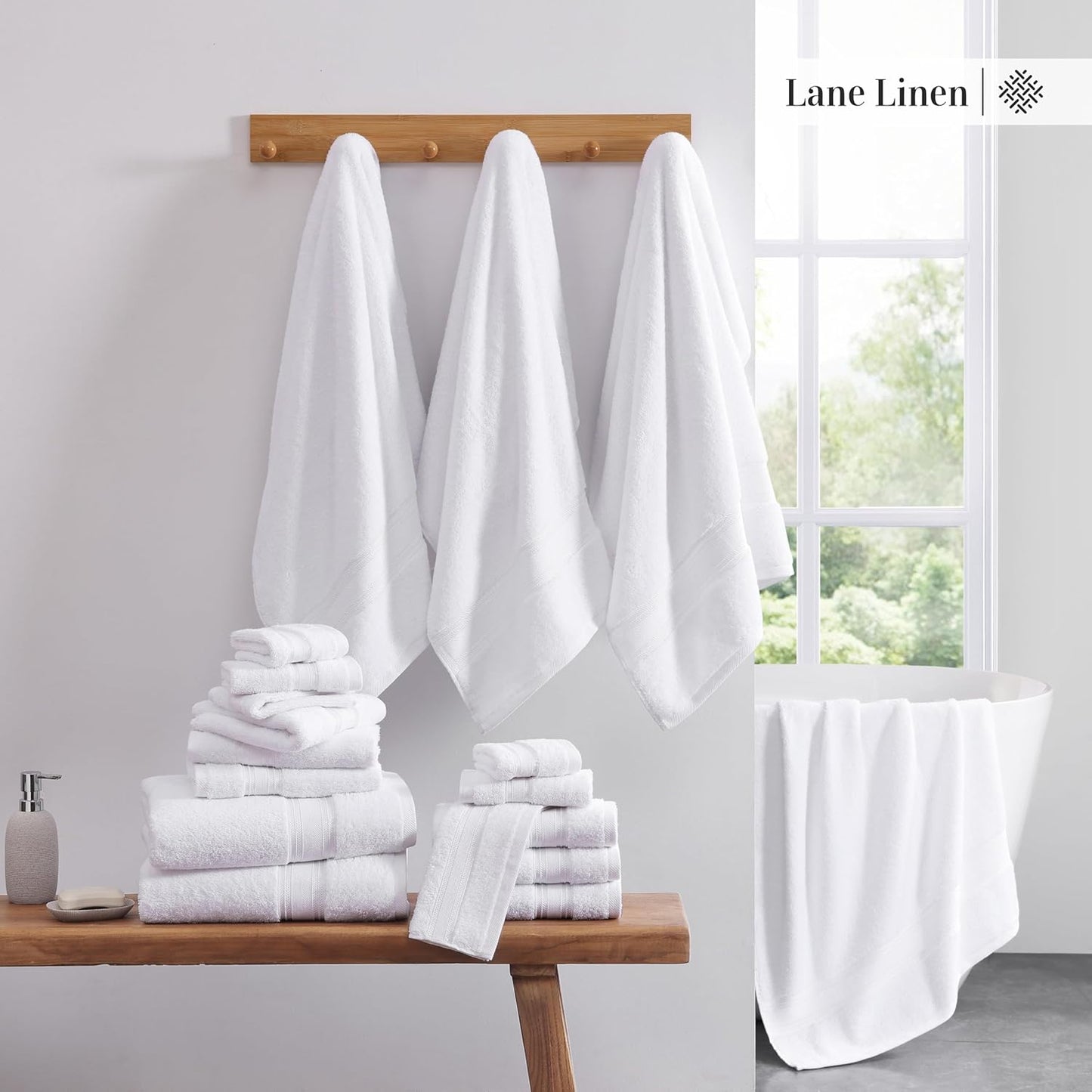 LANE LINEN 100% Mercerized Cotton Luxury Bathroom Towel Set - 18 Pcs - Super Soft, Fluffy & Highly Absorbent - 6 Bath Towels, 6 Washcloths, 6 Hand Towels - Complete Family Pack - White Bath Towel Set