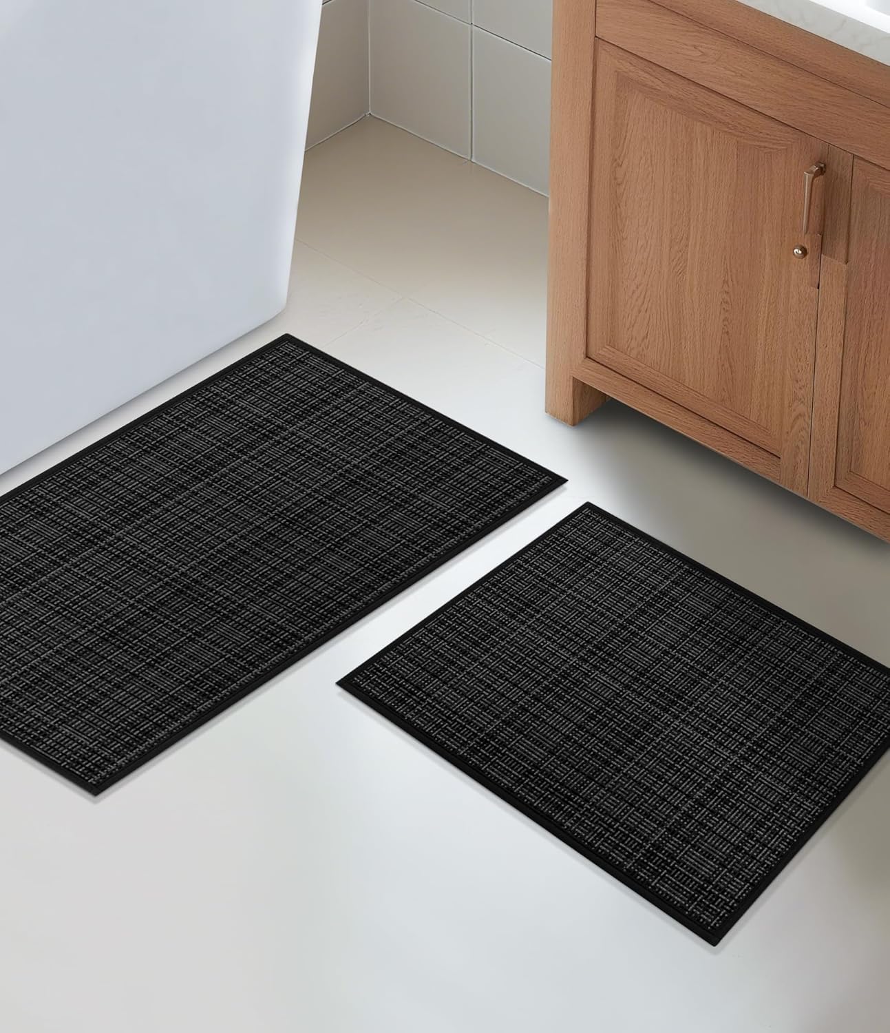 YIHOUSE Bathroom Rugs Sets 2 Pieces, Ultra Thin Bath Mats Fit Under Door, Absorbent Quickly Dry Rubber Backing Braided Bath Mat Set, Non Slip Washable Bath Rugs for Bathroom Floor