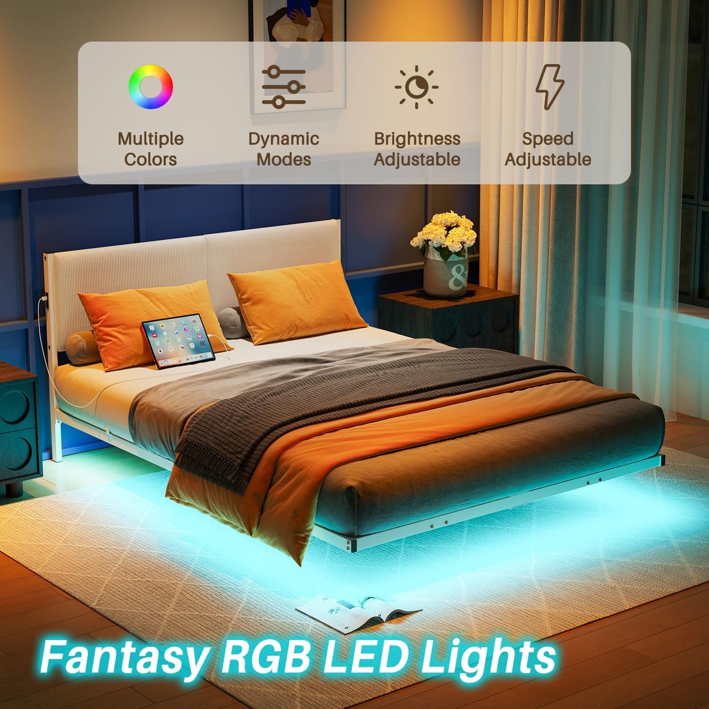 Queen Bed Frame,Floating Bed Frames Queen Size with LED Lights & Charging Station,Modern Queen Platform Bed Frame with Upholstered Headboard,Heavy Duty Steel Slats,No Box Spring Needed,No Noise,White