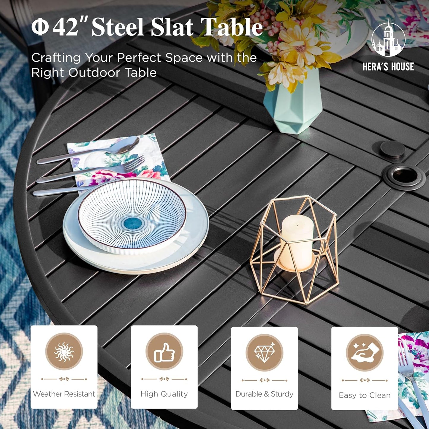 HERA'S HOUSE 5 Pieces Patio Dining Set, Outdoor Dining Set for 4, 4 x Testilene Dining Chair, 1 x 42” Round Metal Dining Table, for Lawn Garden Backyard