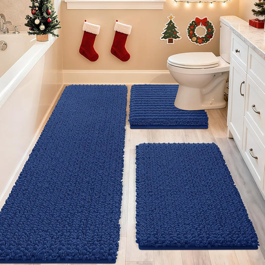ACCUMTEK Upgrade Extra Large Blue Bathroom Rug Set 3 Pieces Ultra Soft, Thick Absorbent Bath Mats, Non Slip Chenille Toilet Mat for Bathroom, Bedroom, Kitchen