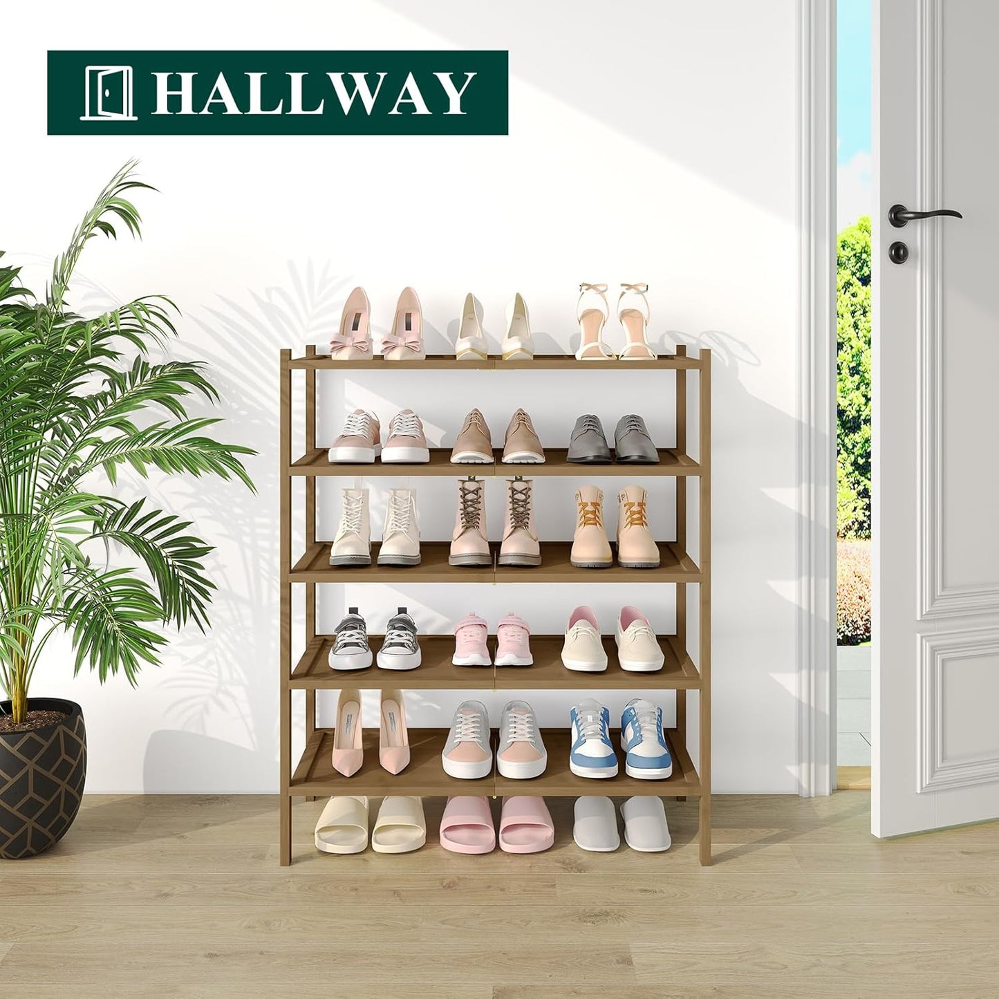 Smiry Bamboo Shoe Rack, 5 Tier Shoe Organizer for Entryway & Closet, Stackable Free Standing Storage Shelf for Shoes, Bags & Plants, Walnut