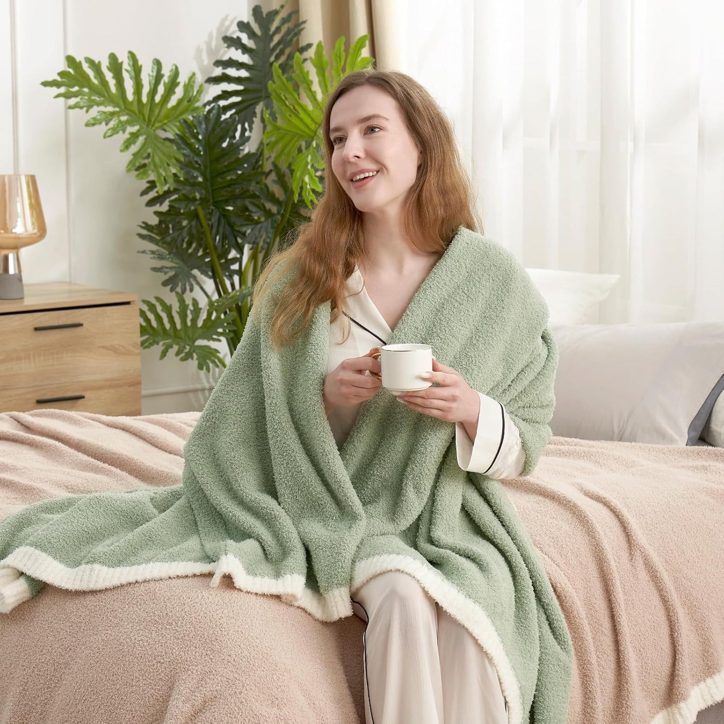 Snuggle Sac Ultra Soft Throw Blanket for Couch Bed Sofa 50x60 inches, Reversible Sage Green Blanket Microfiber Fluffy Fuzzy Cozy Knit Throws for Women Mothers Birthday Gifts