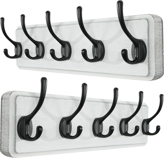 SKOLOO Rustic Wall Mounted Coat Rack, 16 inches Hole to Hole, Case of 2, Pine Solid Wood Coat Hook Hanger - 5 Hooks for Hanging Clothes Robes Towels Coats