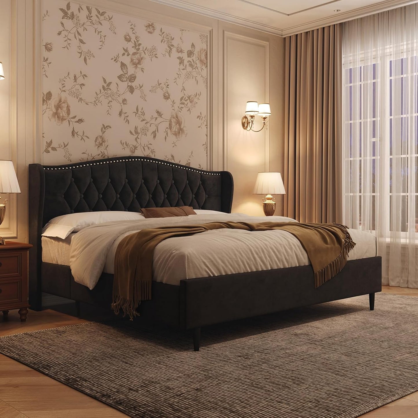 Belffin Queen Bed Frame with Headboard, Luxury Upholstered Velvet Platform Bed with Wingback, Button Tufted & Nailhead Trim, Anti-Slide Tall Footboard, No Box Spring Needed, Noise-Free, Black