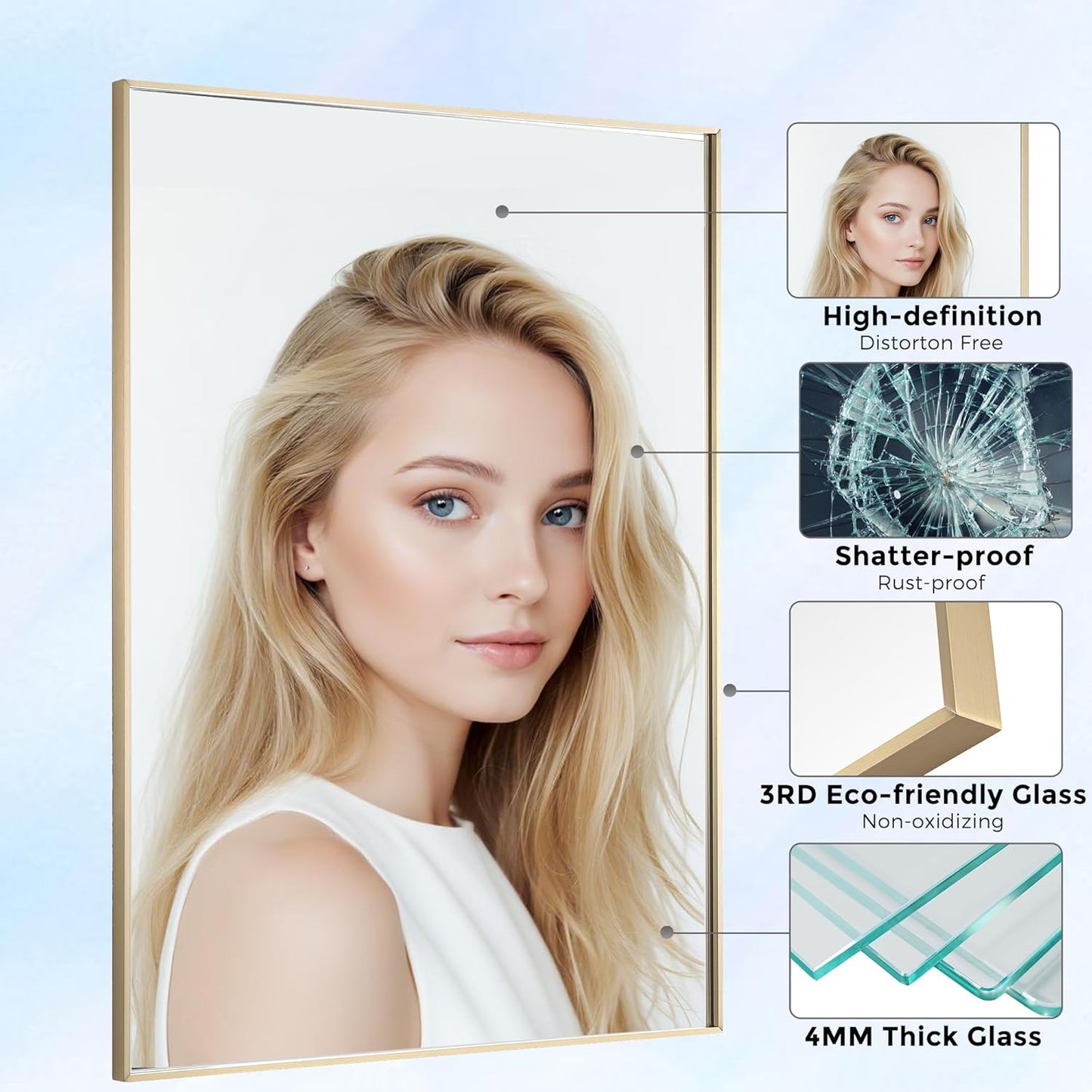 30x40 Inch Brass Bathroom Mirror for Wall, Aluminum Frame Rectangle Rectangular Vanity Mirror, Modern Large for Bedroom, Living Room, Horizontal or Vertical