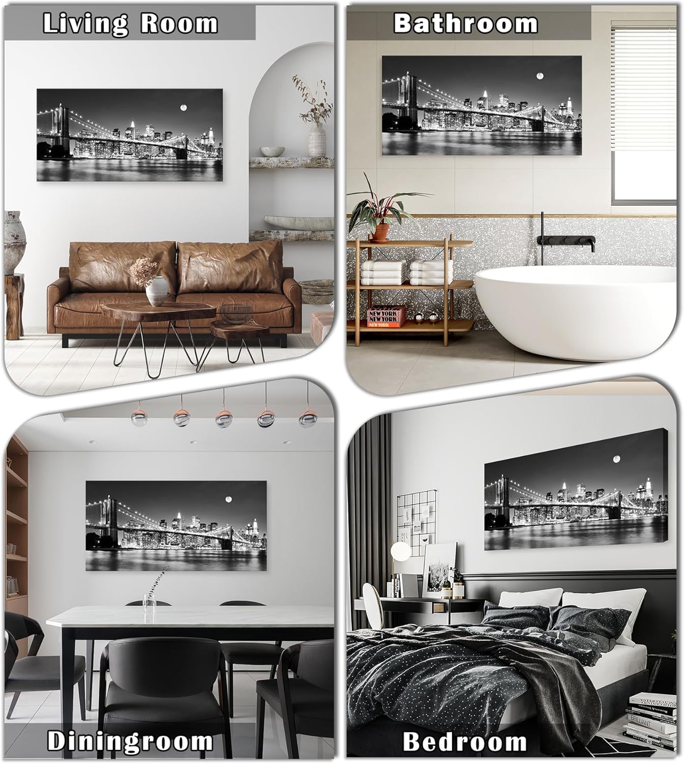 Baisuart-Q30398 Brooklyn Bridge Night View 1 Panels Landscape Artwork Canvas Prints Moon Night New York City Scene Picture Paintings Black and white Wall Art for Oiffce Home Decorations Wall Decor