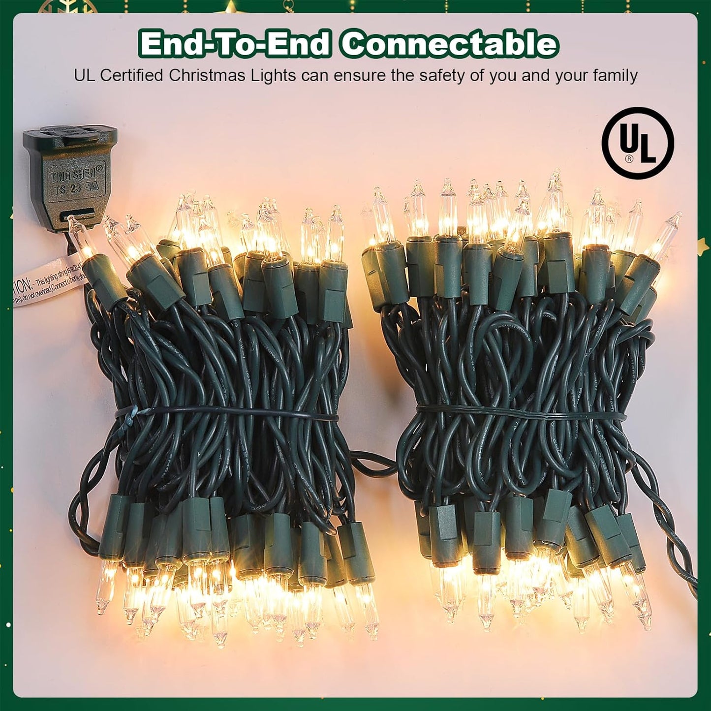 Christmas Lights 2 Pack 50 Count Clear Mini Lights Green Wire UL Certified Connectable Warm White String Lights for Christmas Decor (2 PCS 50 Count)