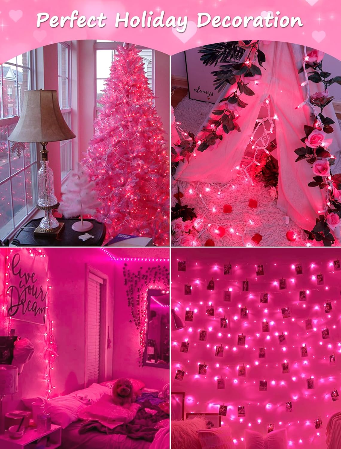 Hopolon Pink Mini Christmas Lights,2 Pack 13FT 50Count Fairy String Light Set,White Wire Incandescent Pink Valentines Day Lights Connectable for Indoor Outdoor Wedding Birthday Valentine’s Day Decor