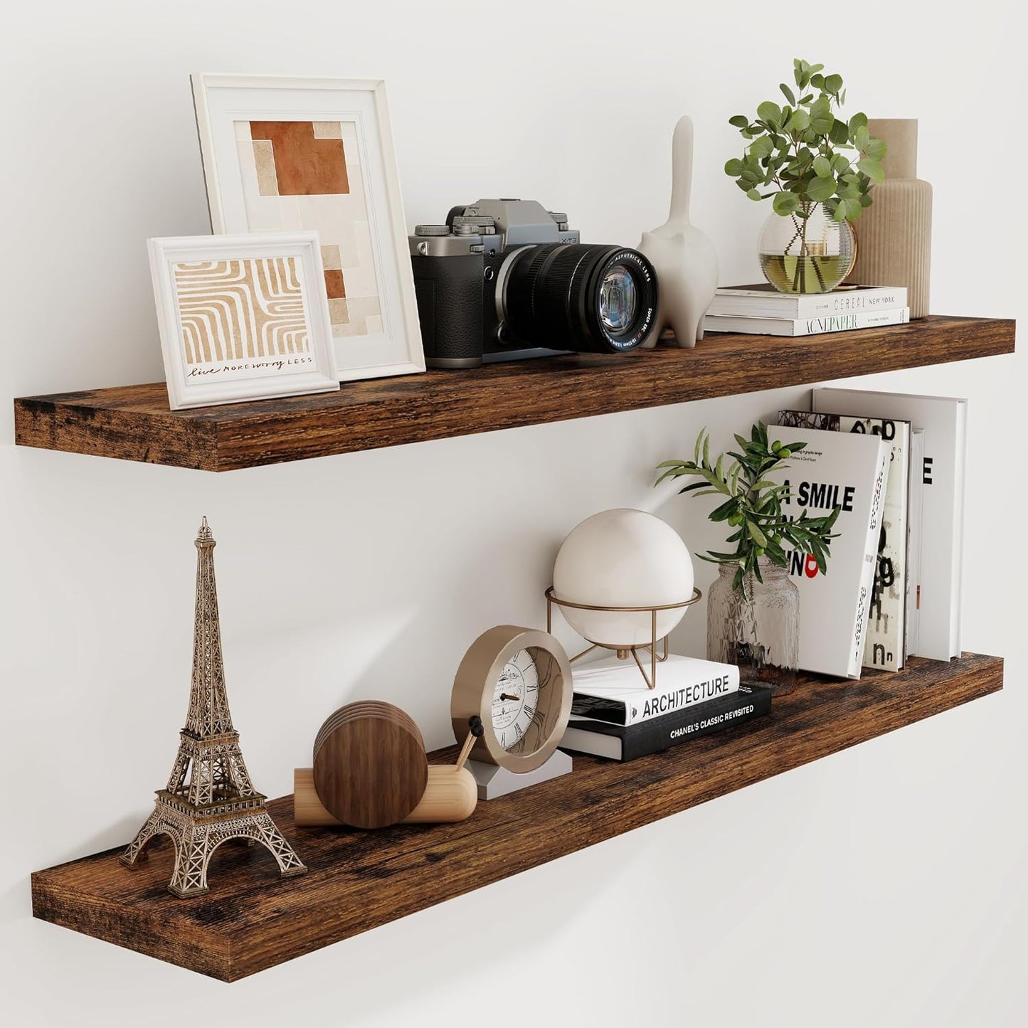 55 Inch Floating Shelves Set of 2, Rustic 55 x 9.3 Floating Shelf for Wall, 9.3 Inch Deep Wall Shelves Invisible Bracket, Large Deep Shelving for Bedroom, Kicten, Living Room, Rustic Brown Color