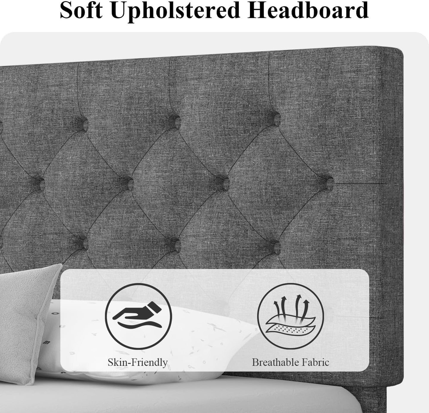 HOMBCK Full Bed Frame with Headboard, Linen Fabric Upholstered Bed Frame Full, Grey Bed Frame with Wood Slats, Button Tufted, No Box Spring Needed, Light Grey