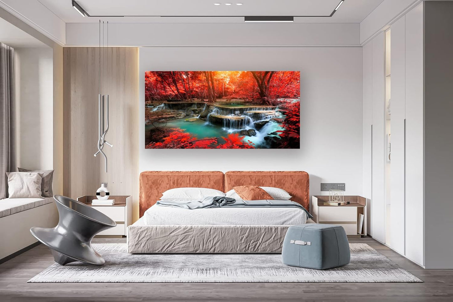 Muolunna BK03975 Wall Art Decor Canvas Print Picture Red Forest Waterfalls 1 Piece Modern Landscape Tree for Living Room Bedroom Kitchen Office Home Decorations Stretched and Framed Ready to Hang