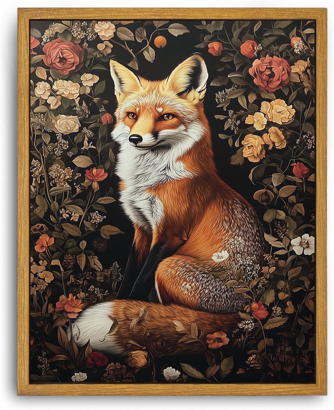 Framed Vintage Wall Art, Boho Canvas Wall Art, Dark Flowers Pictures, Nature Botanical Wall Decor, Fox Animal Paintings Prints, for Living Room Bedroom Home Decor 12x16in