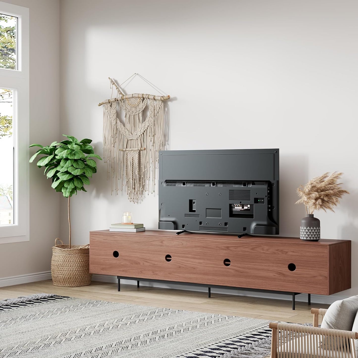 Mid Century Modern TV Stand - 86.6" Walnut Entertainment & Media Console for 65-100 Inches TV, 4 Cabinet Doors with 6 Storage Compartments, Cable Management, Stylish Living Room Center (Walnut, 86.6")