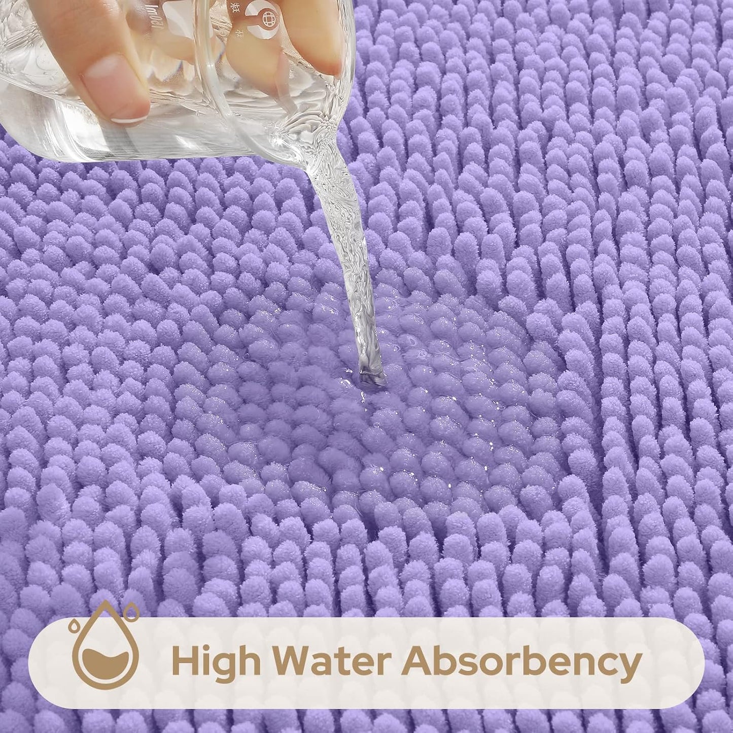 HOMEIDEAS 3 Pieces Bathroom Rugs, Ultra Soft Non Slip Absorbent Chenille Toilet Bath Mat Set (Lavender,17"x24"+20"x32"+U Shape 20"x24")