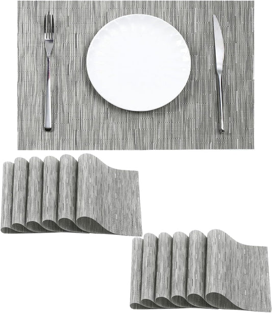 Leetaltree Silver Placemats Set of 12 - Heat Resistant Non-Slip Place mats for Dining Table, Washable Durable PVC Vinyl Woven Table Mats（Sliver, 12）