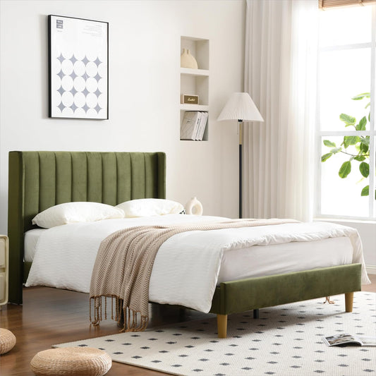 YUHUASHI upholstered Platform Bed Frame/Full Bed Frame/Modern Geometric Double-Wing Design headboard/Velvet Fabric/Easy to Assemble no Noise (Grass Green, Full)