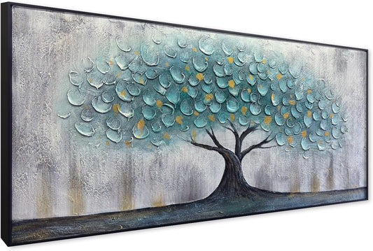 Teal Blue Tree of Life Canvas Wall Art for Living Room, Hand Painted Modern Abstract Textured Painting, Large Framed Panoramic Landscape wall art for Living Room, Bedroom, Office, Home Decor 48"x24"