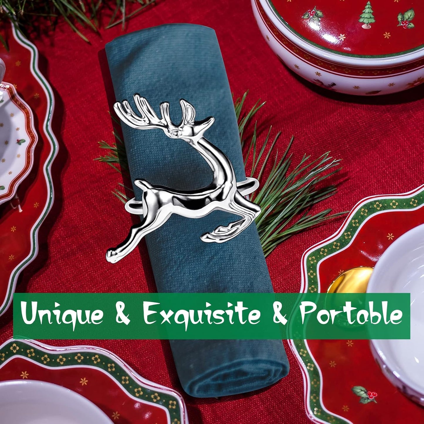 Legigo Set of 8 Christmas Deer Napkin Rings Set- Sliver Deer Xmas Napkin Ring Holders for Cloth Napkins, Christmas Holiday Party Dinner Table Decoration